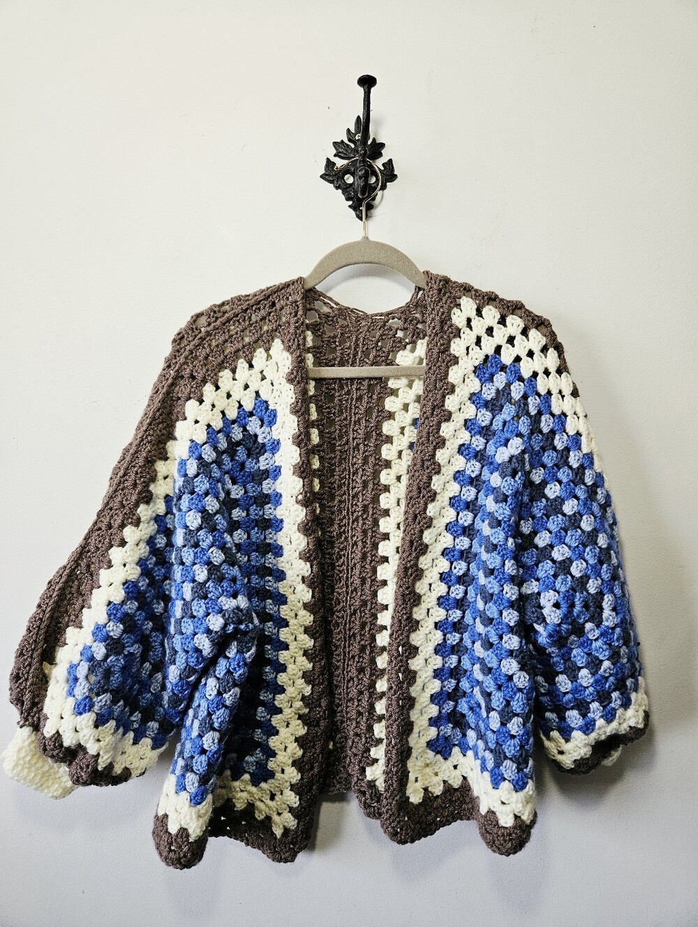 Handmade Crochet Cardigan Size L/XL Granny Square Boho Chunky Knit Sweater